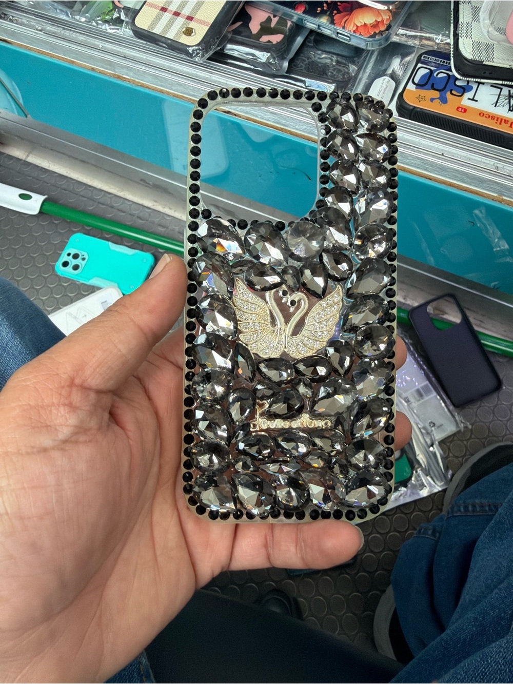 Decorative Black Crystal Swan Phone Case - Bling Protective Cover 15 pro